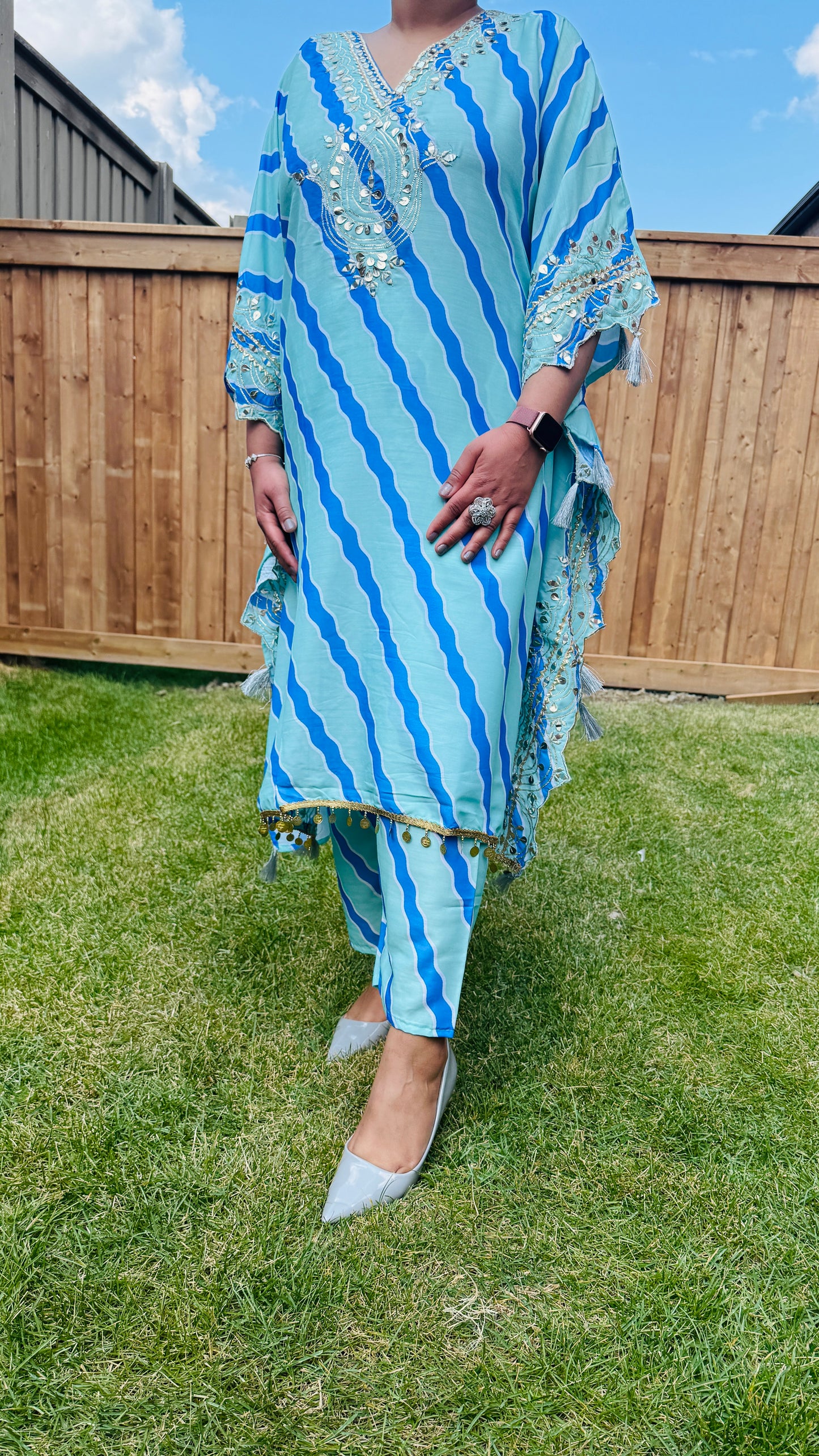 Aqua Blue & Green Embroidered Kaftan