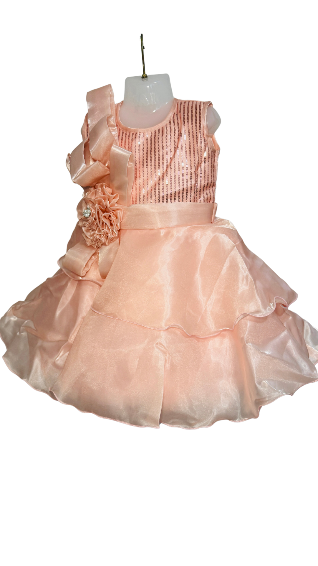Peach Ruffled Baby Girl Party Dress with Floral & Bow Design