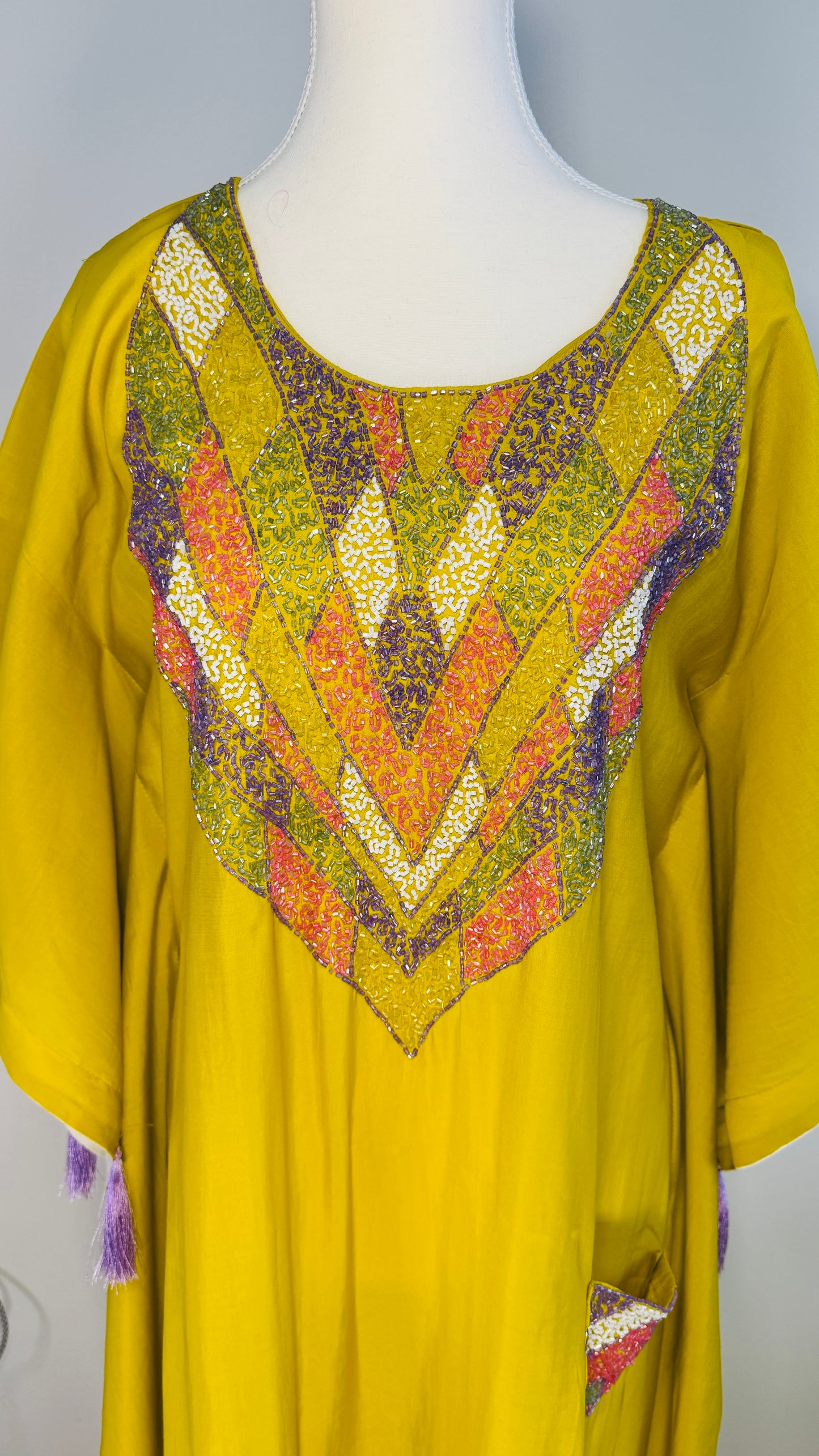 Mustard Yellow Kaftan with Multicolor Sequin Embroidery & Tassel Detailing