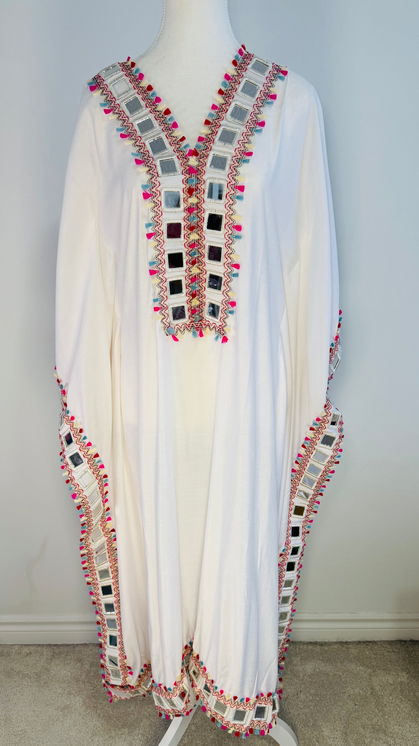 White Kaftan Dress with Multicolor Mirror Work & Pom-Pom Detailing