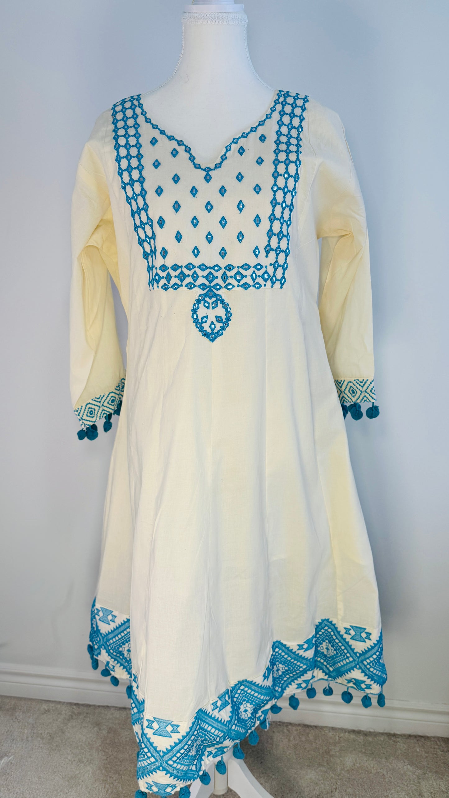 Off-White Cotton Kurti with Blue Mirror Work Embroidery & Pom Pom Dupatta