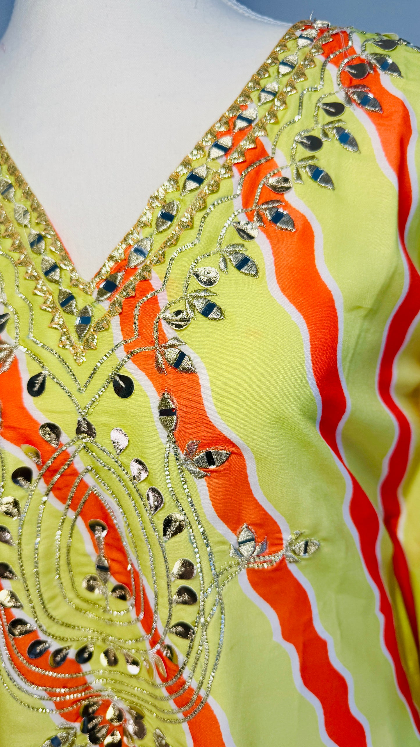 Lime Green & Orange Striped Kaftan Kurti with Mirror & Sequin Hand Embroidery