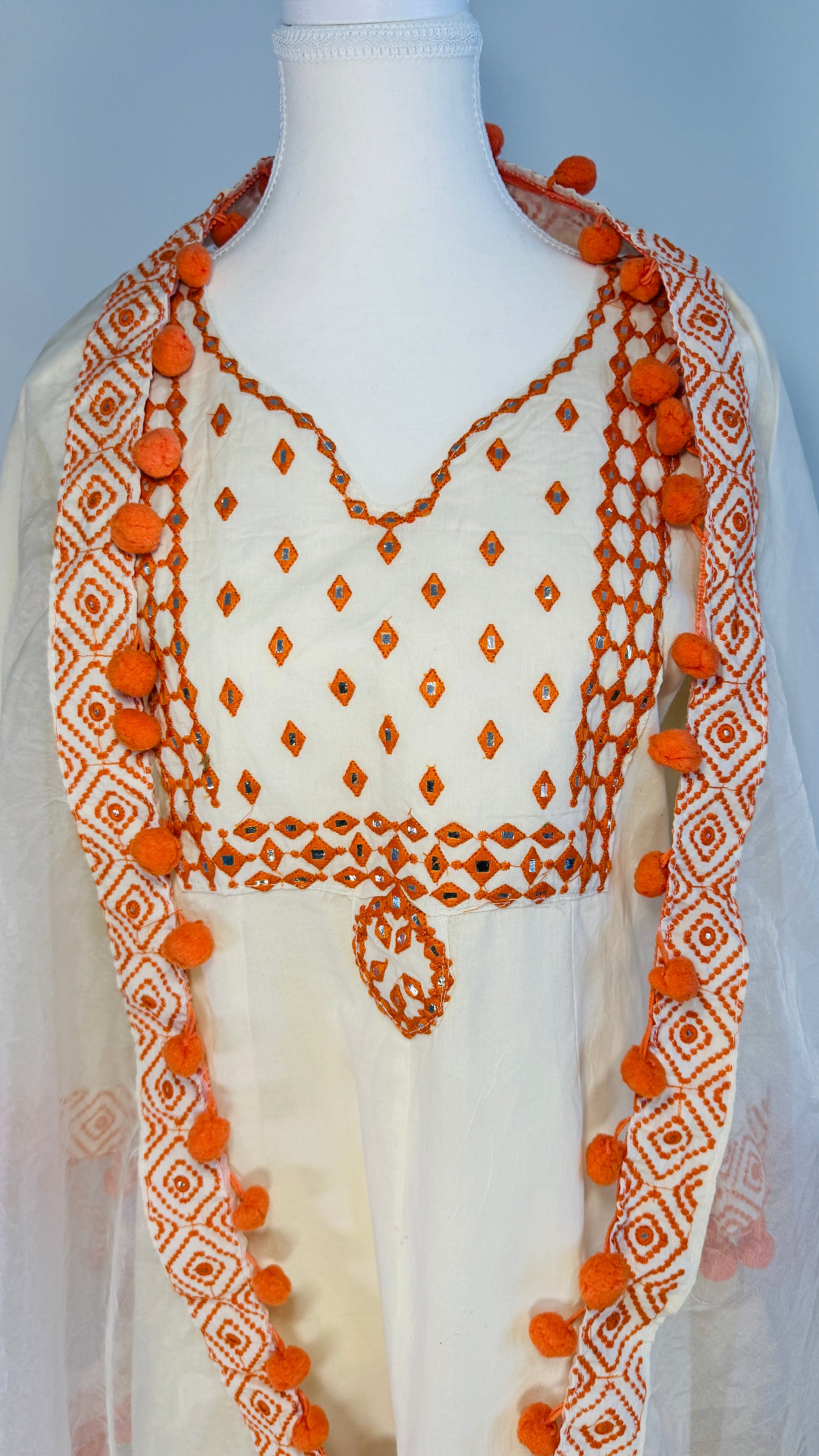 Handcrafted Cream & Orange Mirror Work Kurti - Cotton Blend