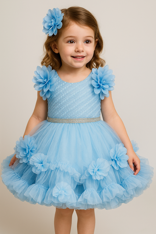 Sky Blue Princess Tutu Dress with Floral Sleeves