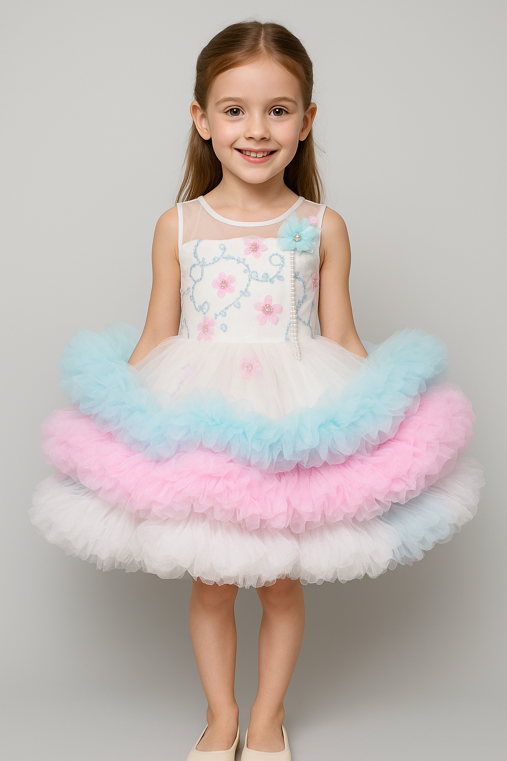 Rainbow Ruffle Party Dress for Girls – Floral Embellished Tulle Gown