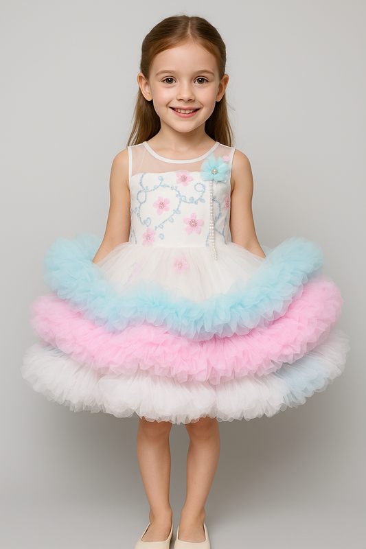 Rainbow Ruffle Party Dress for Girls – Floral Embellished Tulle Gown