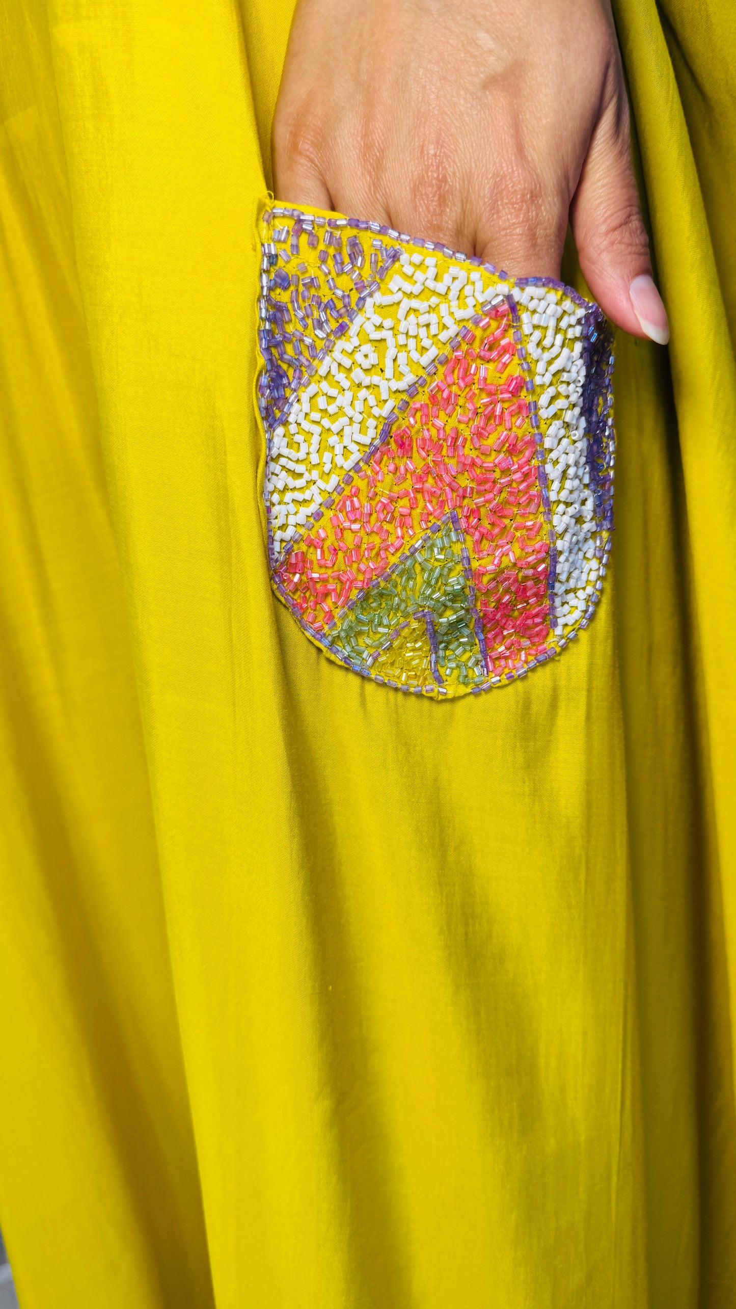Mustard Yellow Kaftan with Multicolor Sequin Embroidery & Tassel Detailing