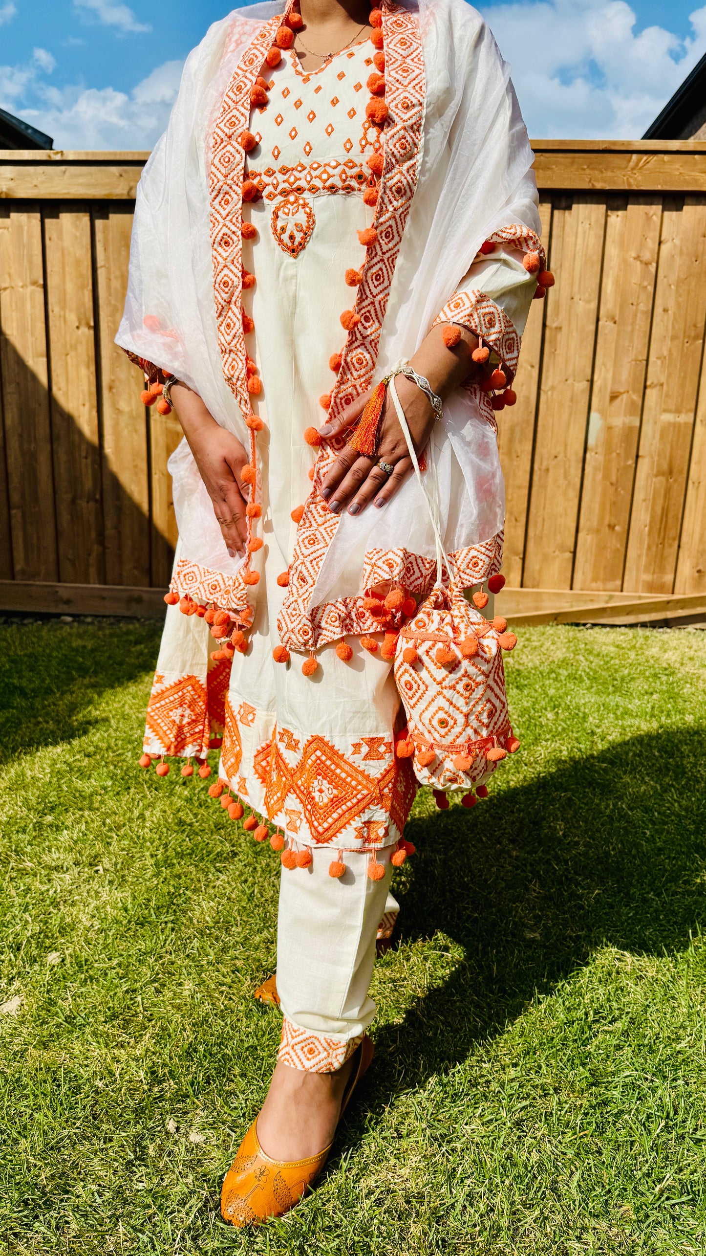 Handcrafted Cream & Orange Mirror Work Kurti - Cotton Blend