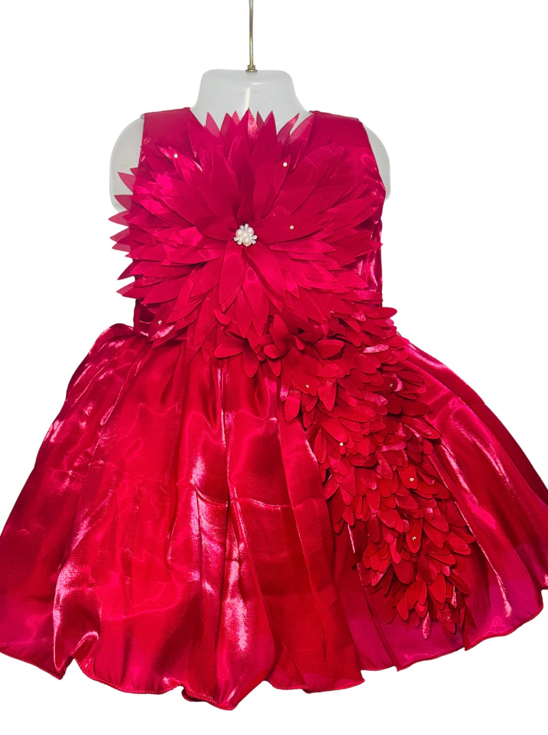 Girls’ Raspberry Satin Party Dress with 3D Floral Appliqué