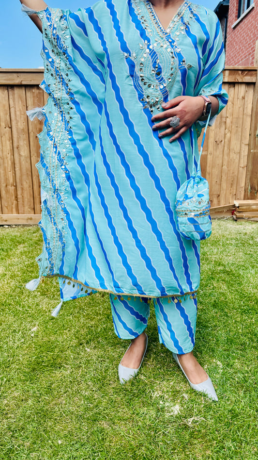 Aqua Blue & Green Embroidered Kaftan
