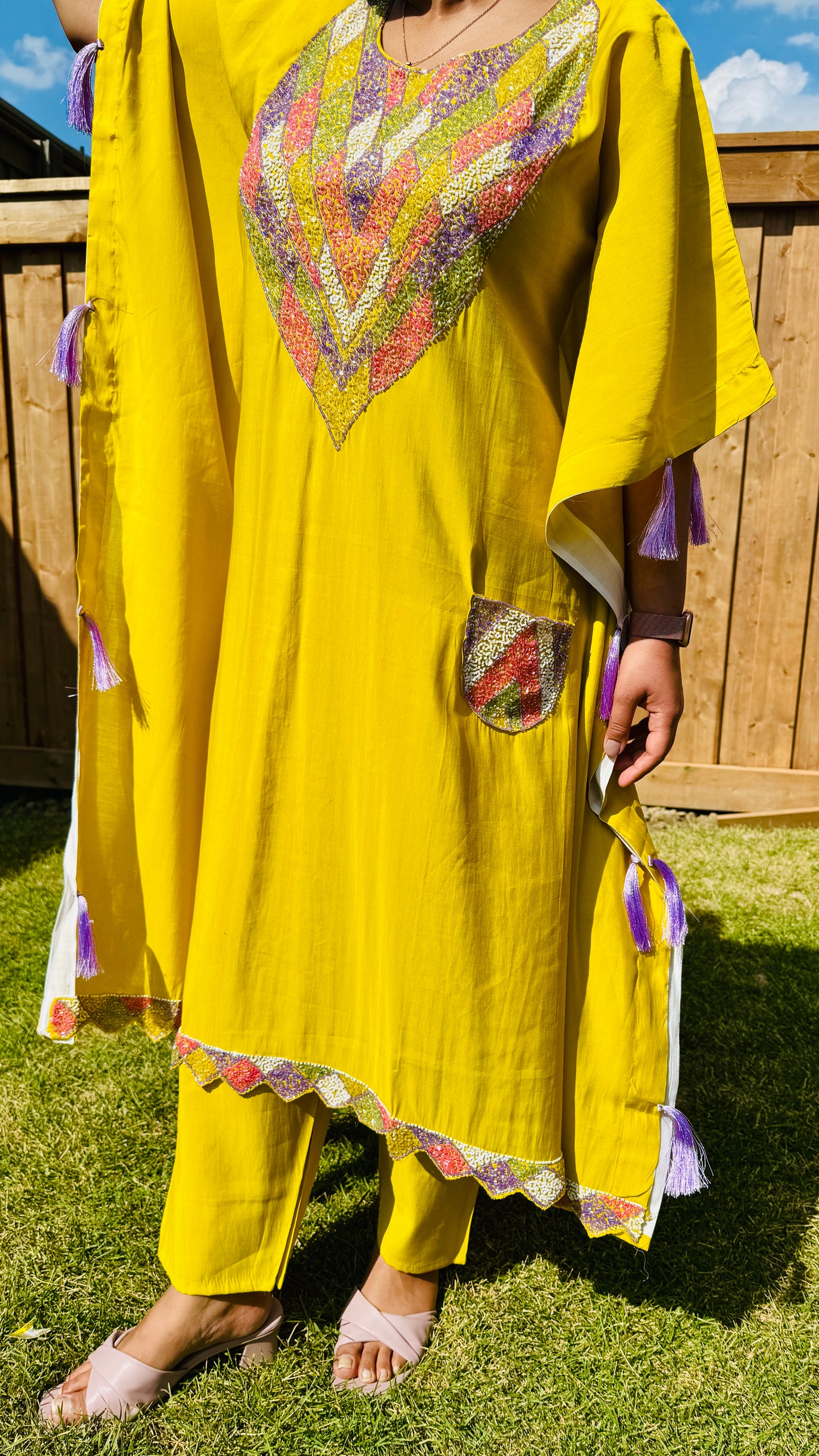 Mustard Yellow Kaftan with Multicolor Sequin Embroidery & Tassel Detailing