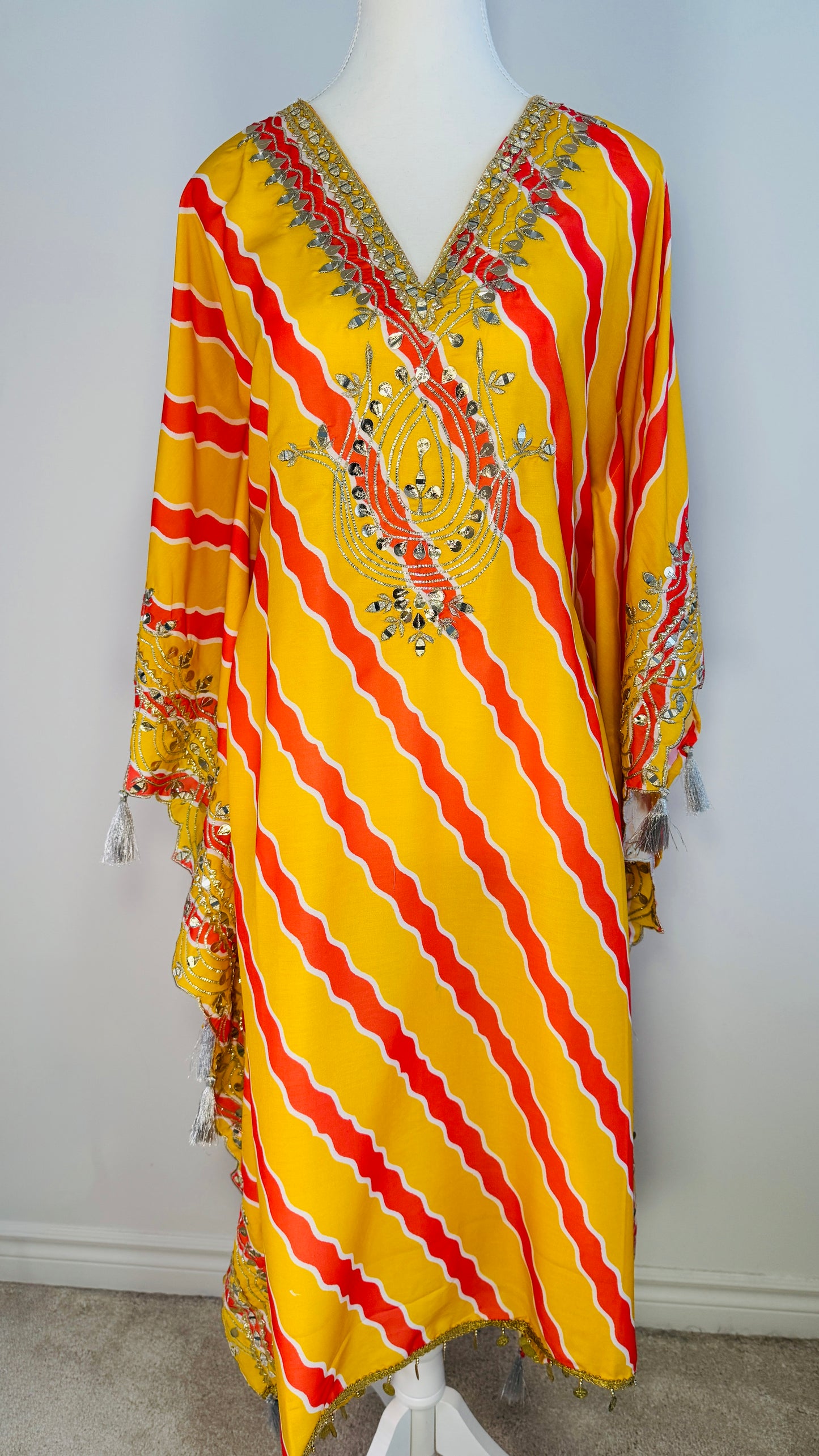 Bright Yellow & Red Striped Embroidered Kaftan