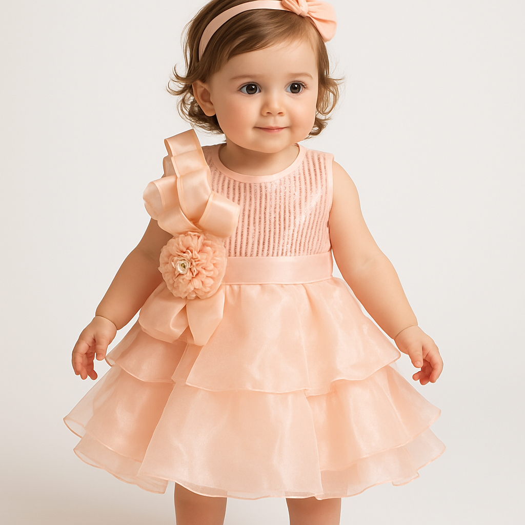 Peach Ruffled Baby Girl Party Dress with Floral & Bow Design