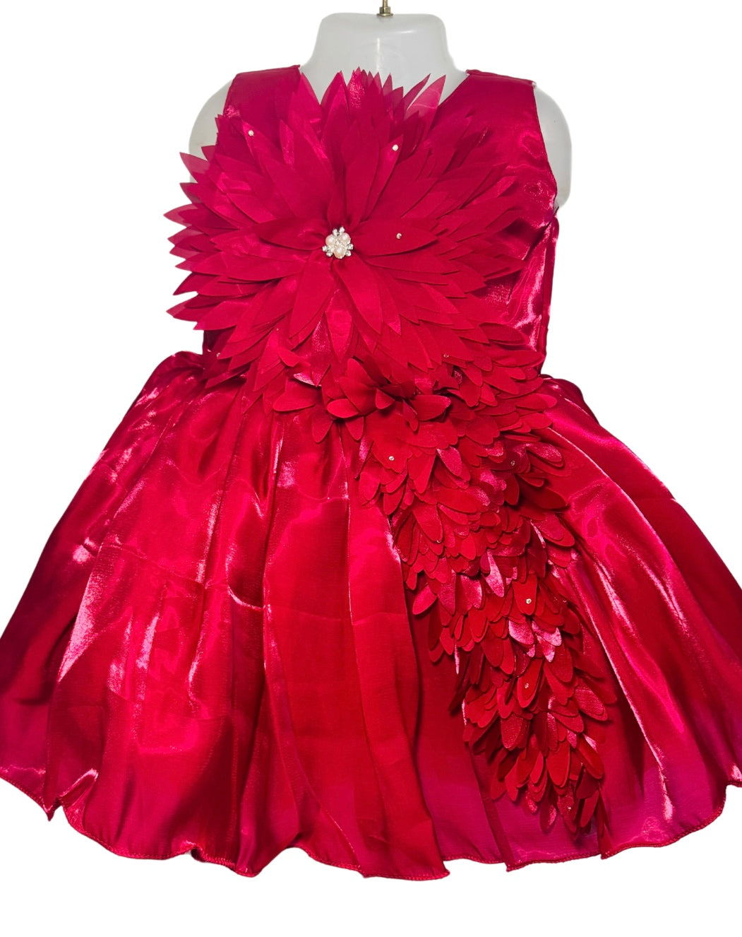 Girls’ Raspberry Satin Party Dress with 3D Floral Appliqué