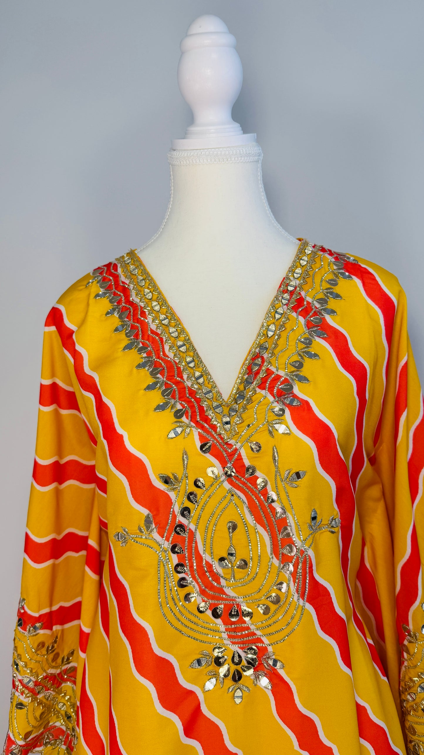 Bright Yellow & Red Striped Embroidered Kaftan