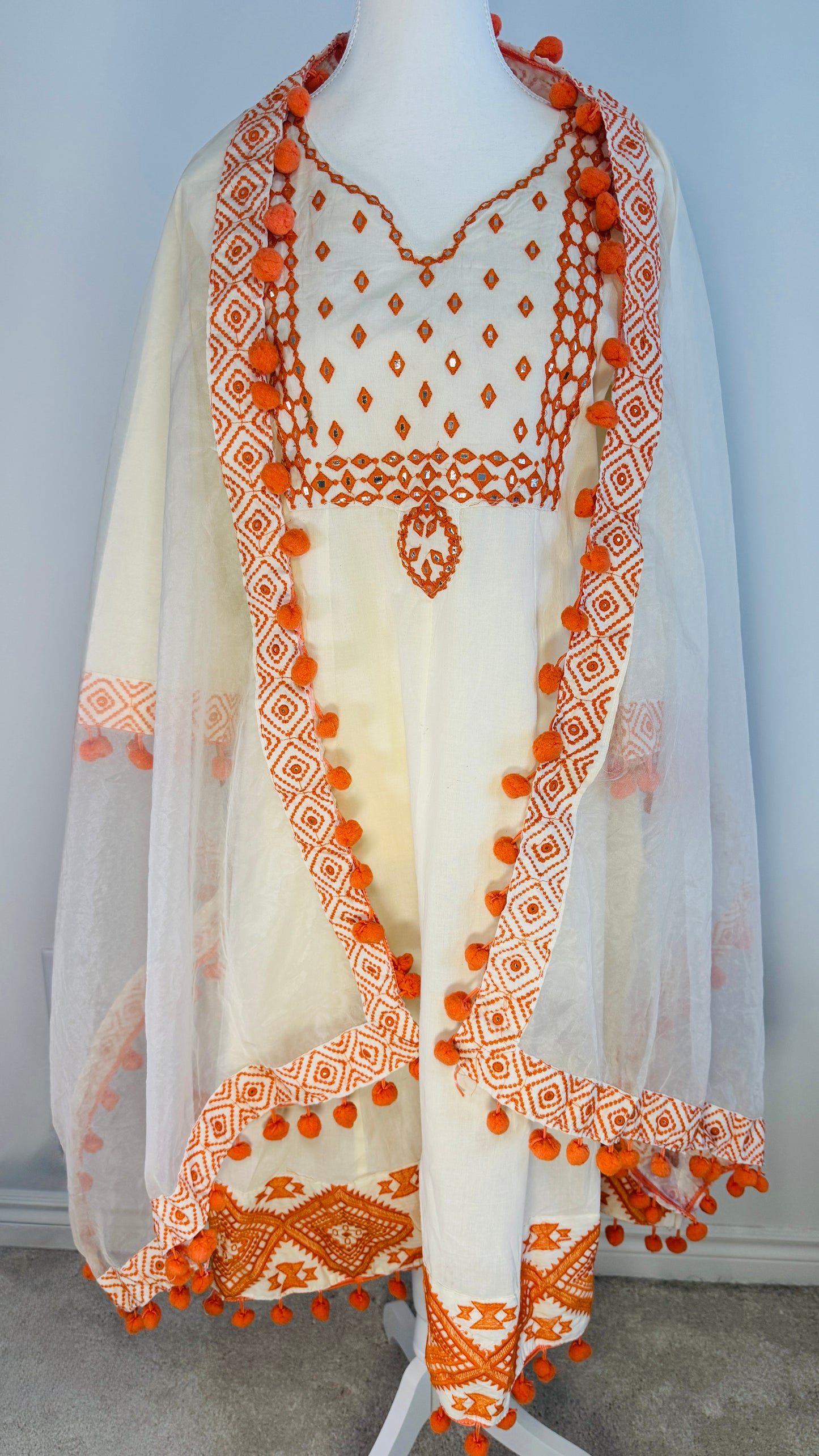 Handcrafted Cream & Orange Mirror Work Kurti - Cotton Blend