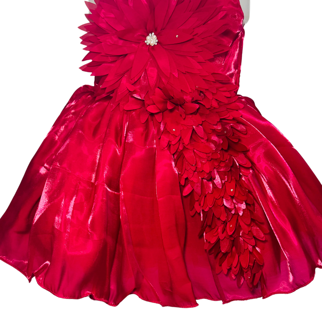 Girls’ Raspberry Satin Party Dress with 3D Floral Appliqué