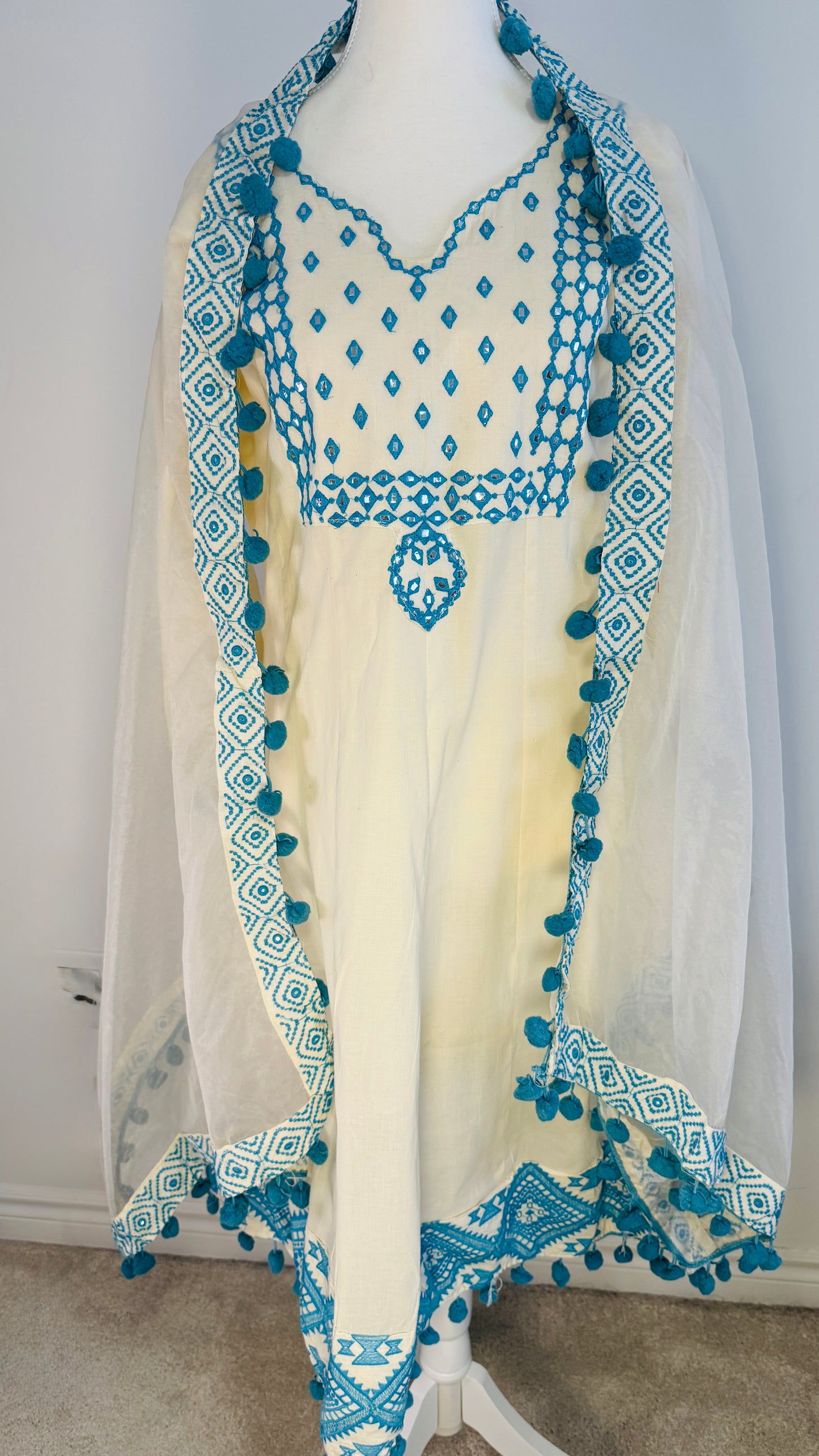 Off-White Cotton Kurti with Blue Mirror Work Embroidery & Pom Pom Dupatta