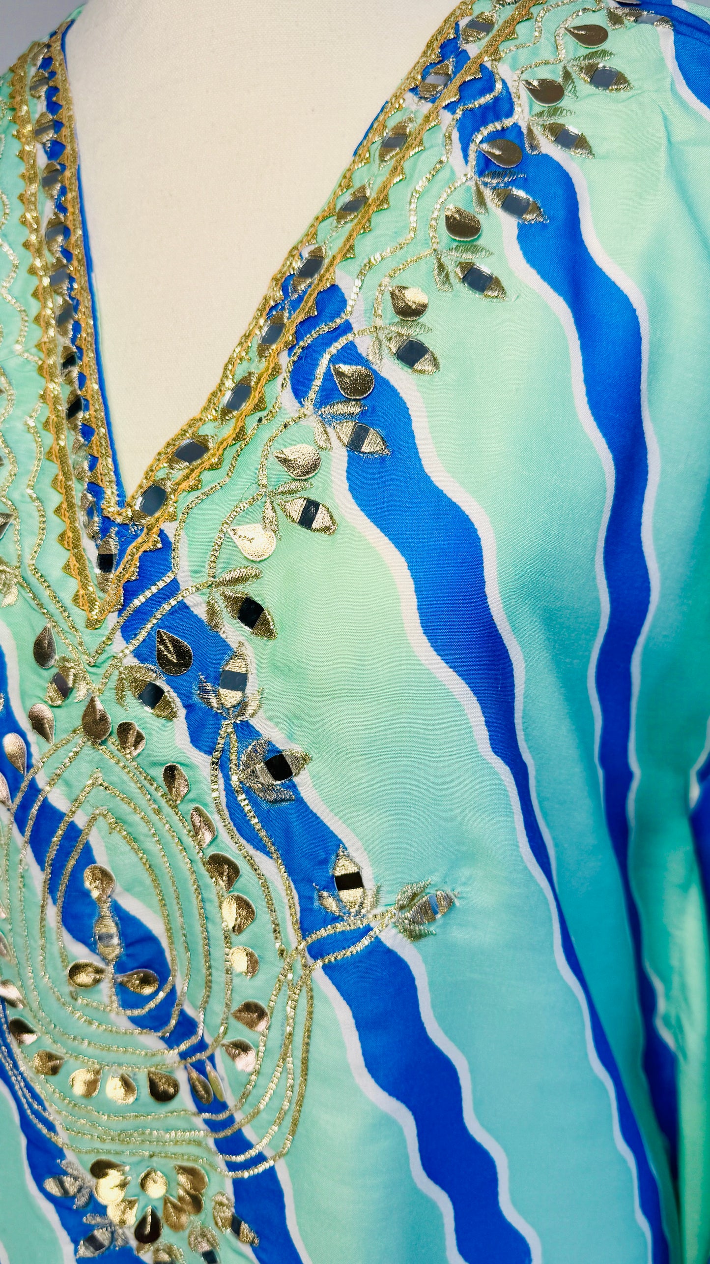 Aqua Blue & Green Embroidered Kaftan