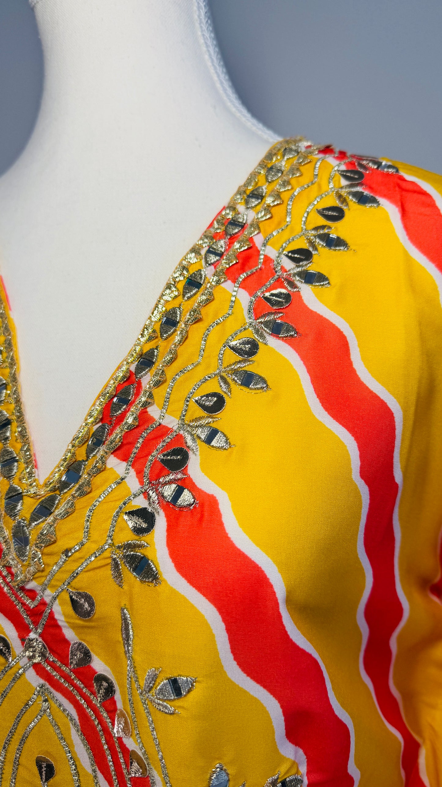 Bright Yellow & Red Striped Embroidered Kaftan