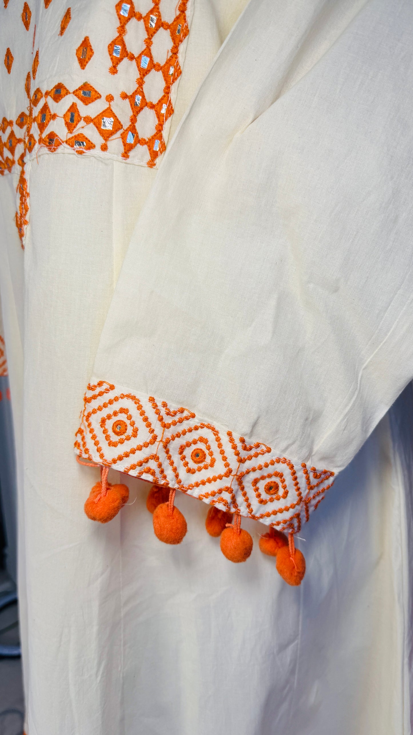Handcrafted Cream & Orange Mirror Work Kurti - Cotton Blend