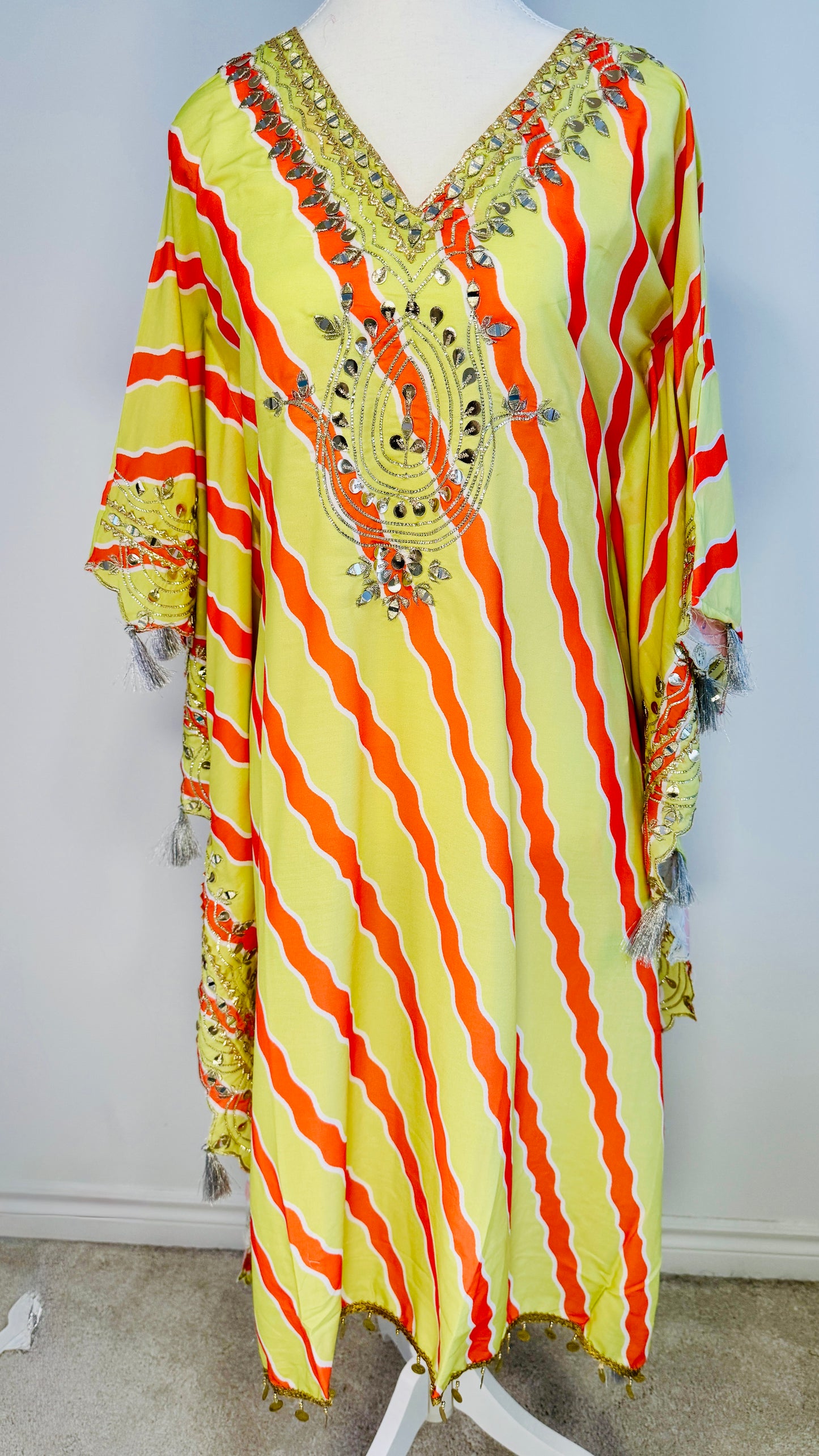 Lime Green & Orange Striped Kaftan Kurti with Mirror & Sequin Hand Embroidery
