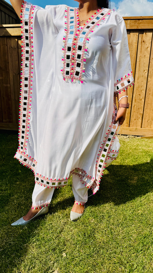 White Kaftan Dress with Multicolor Mirror Work & Pom-Pom Detailing