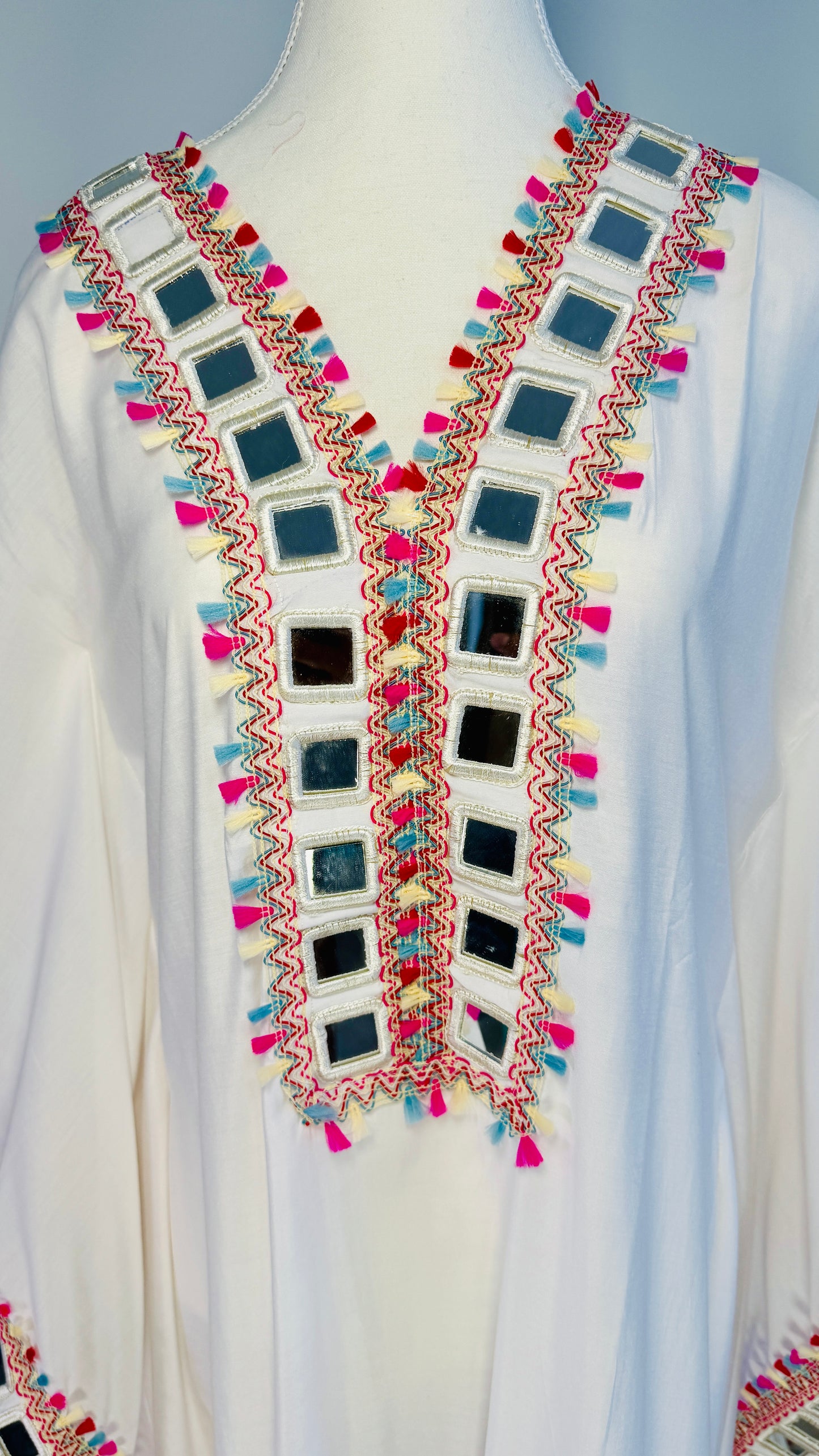 White Kaftan Dress with Multicolor Mirror Work & Pom-Pom Detailing