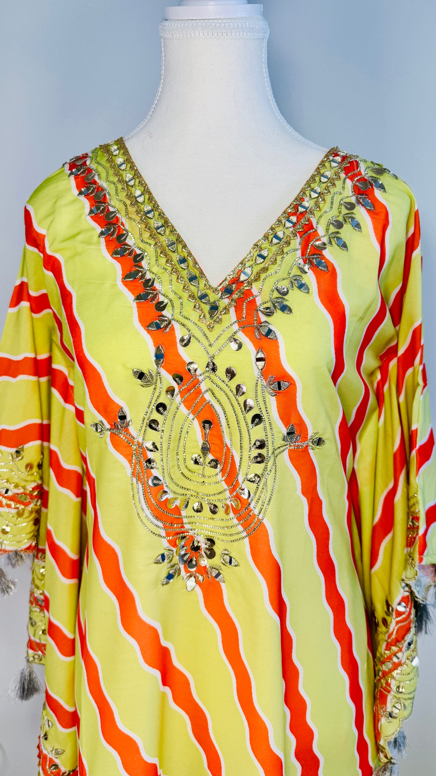 Lime Green & Orange Striped Kaftan Kurti with Mirror & Sequin Hand Embroidery