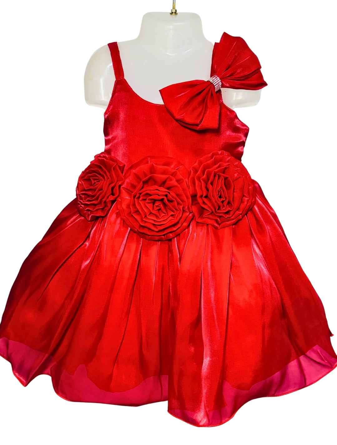 Red Satin Party Dress for Girls – Rose & Bow Design