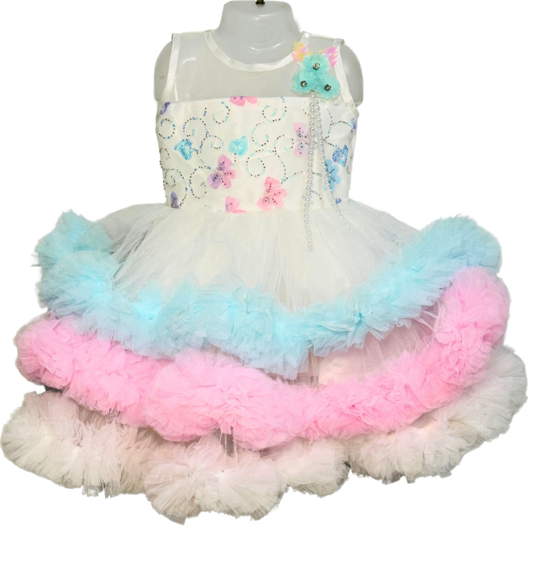 Rainbow Ruffle Party Dress for Girls – Floral Embellished Tulle Gown
