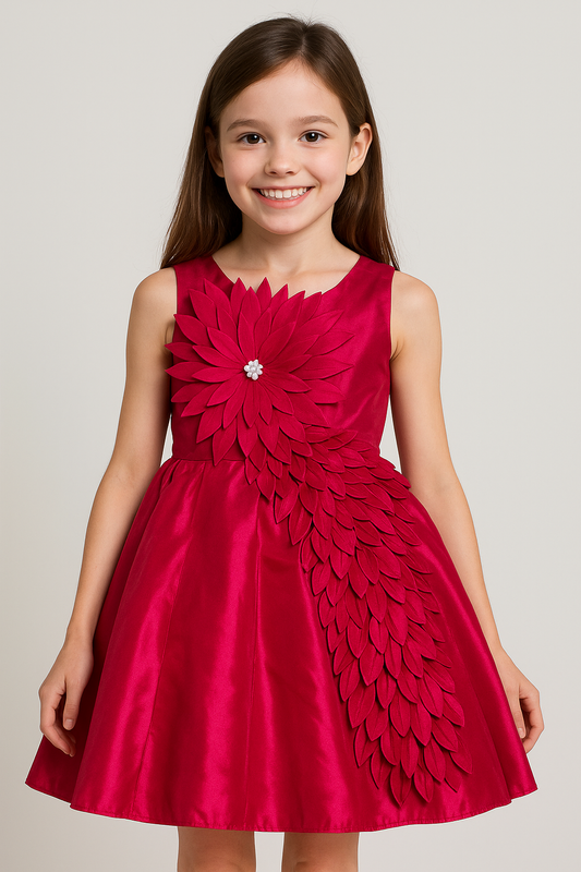 Girls’ Raspberry Satin Party Dress with 3D Floral Appliqué