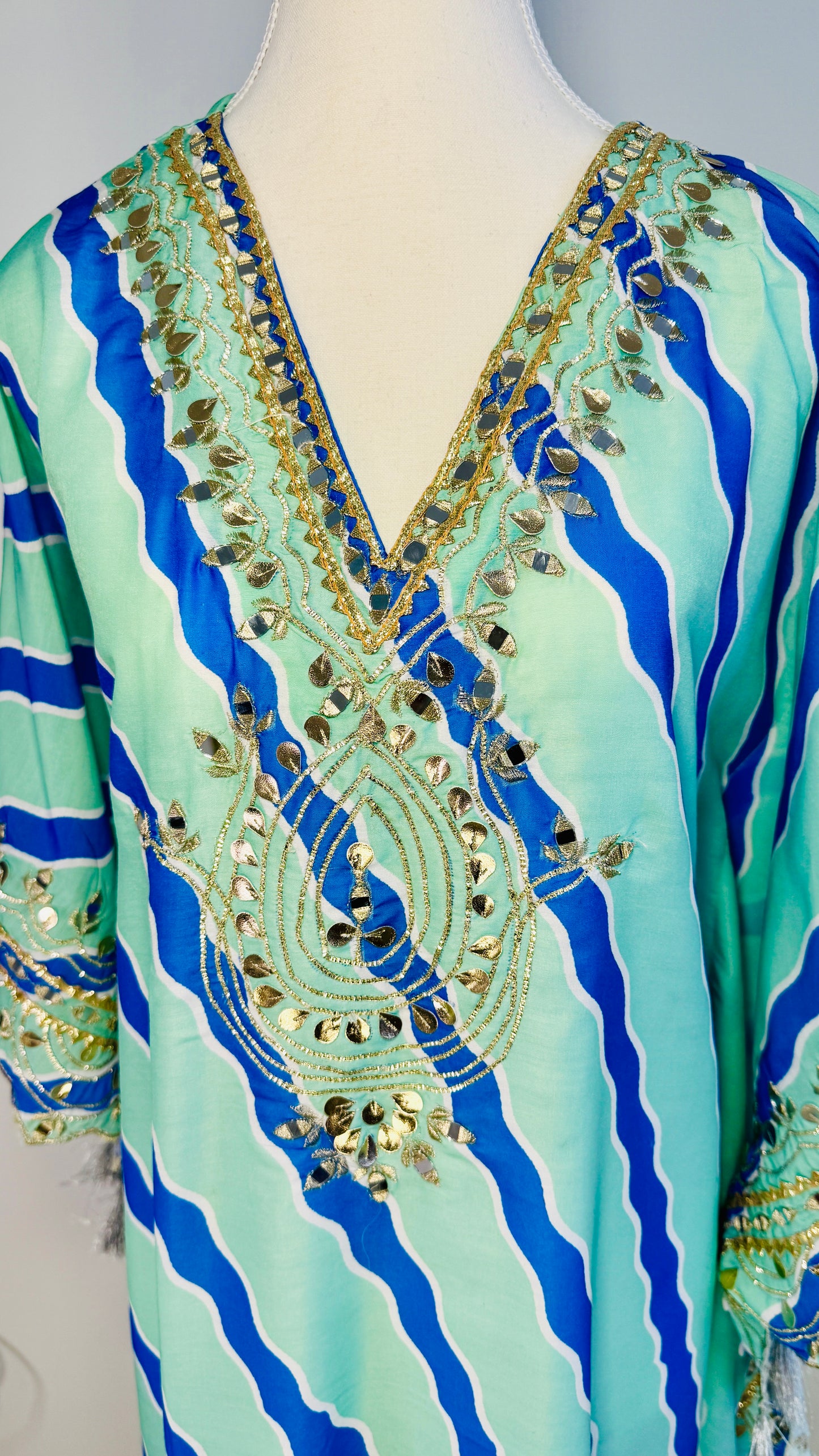 Aqua Blue & Green Embroidered Kaftan