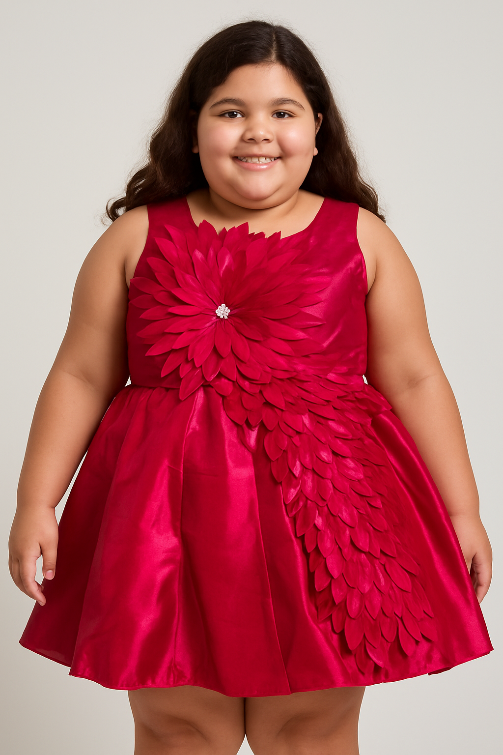 Girls’ Raspberry Satin Party Dress with 3D Floral Appliqué