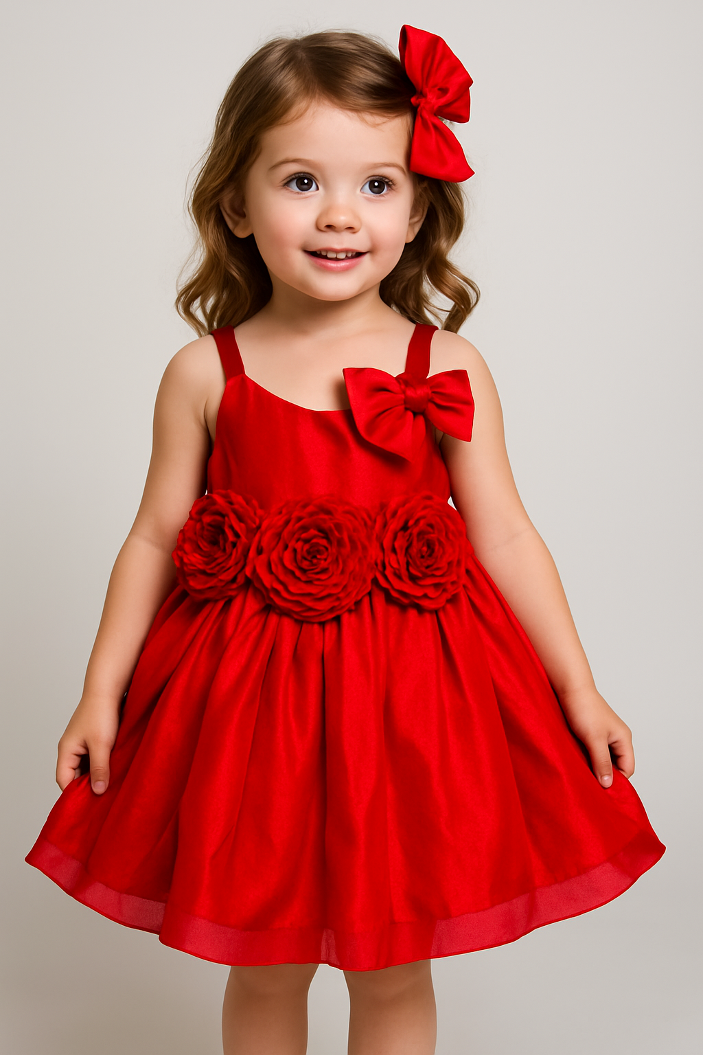 Red Satin Party Dress for Girls – Rose & Bow Design