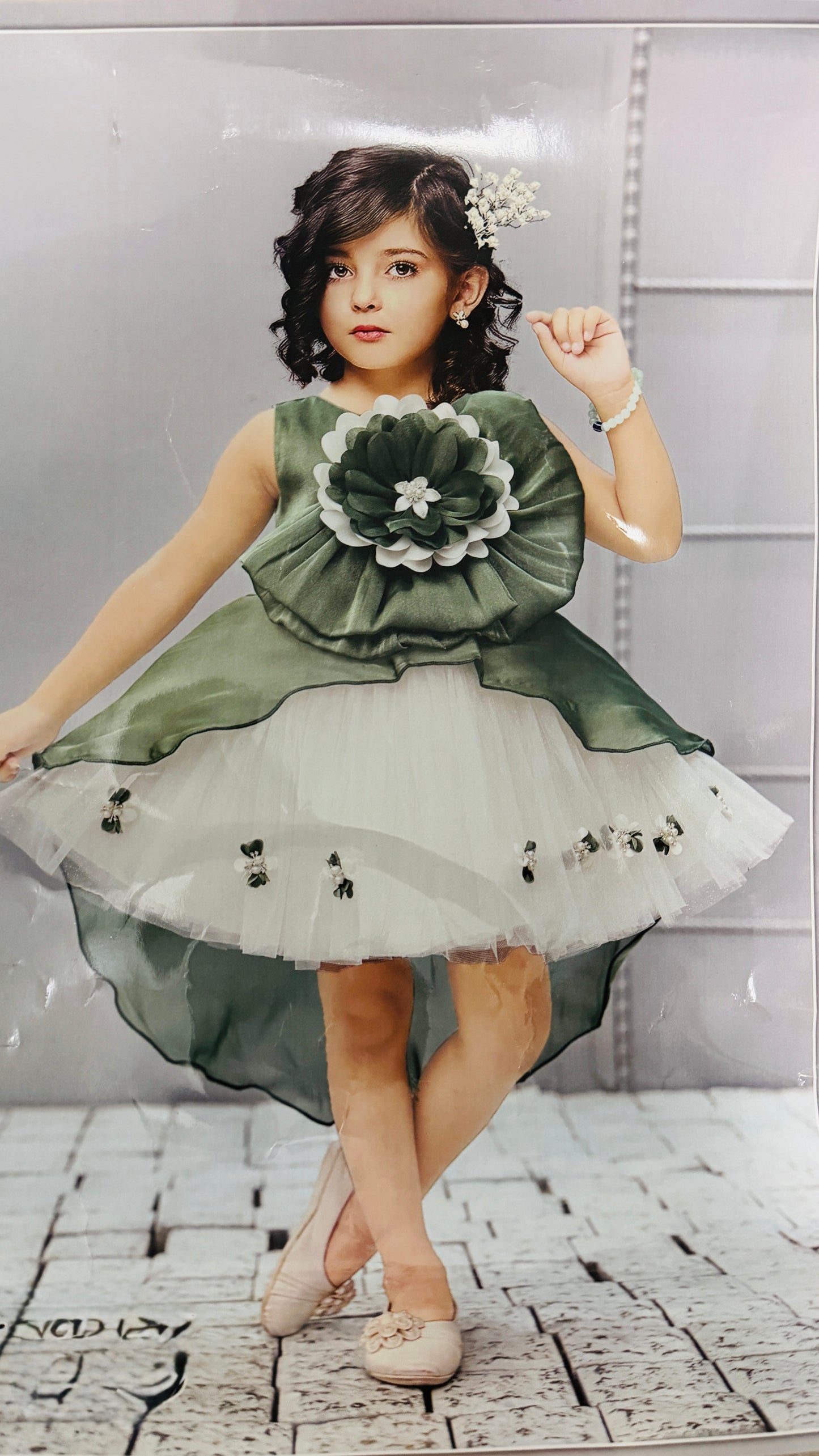 Elegant Green &amp; White High-Low Party Dress