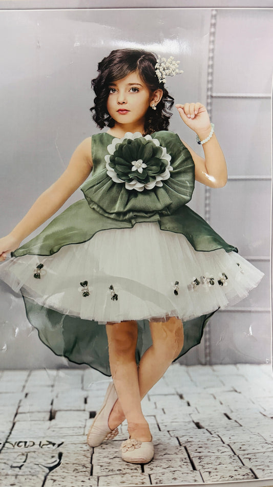 Elegant Green &amp; White High-Low Party Dress