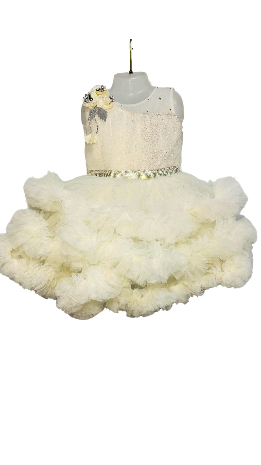 Ivory Floral Shoulder Ruffle Dress