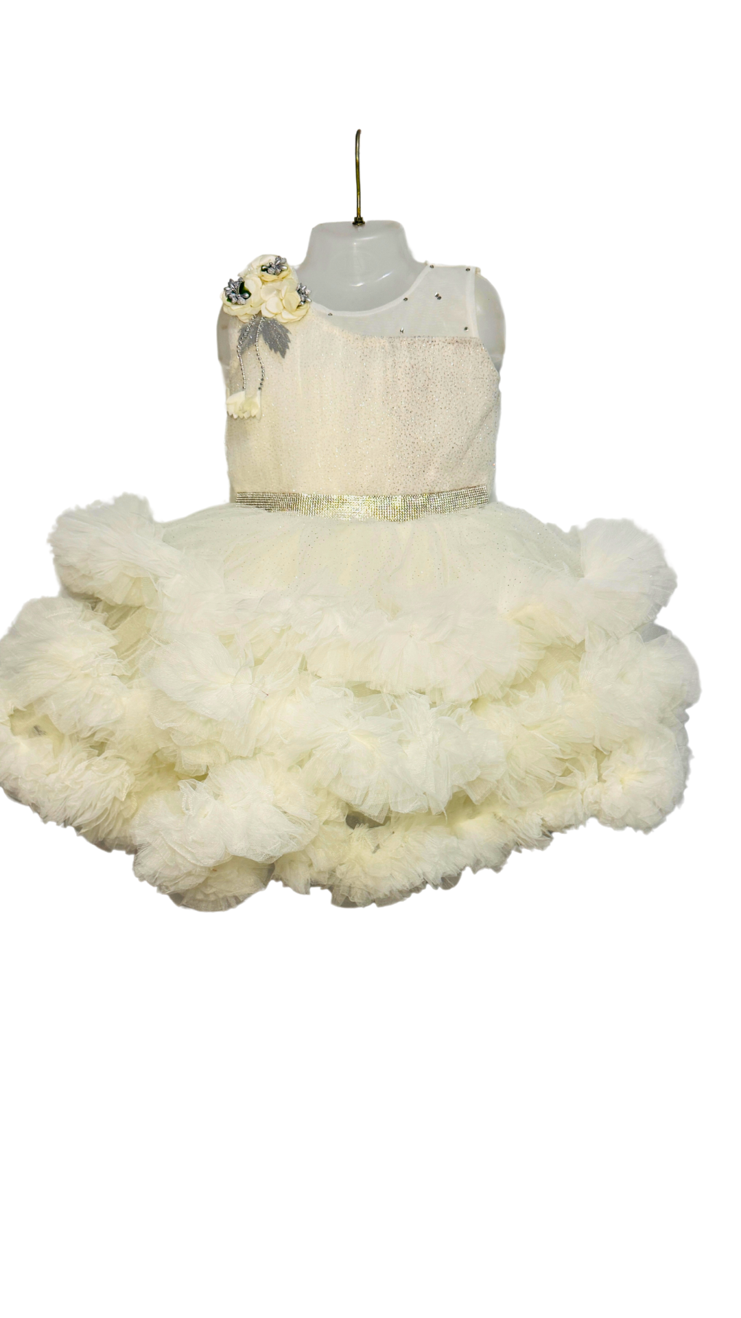 Ivory Floral Shoulder Ruffle Dress