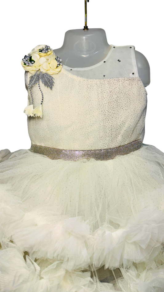 Ivory Floral Shoulder Ruffle Dress