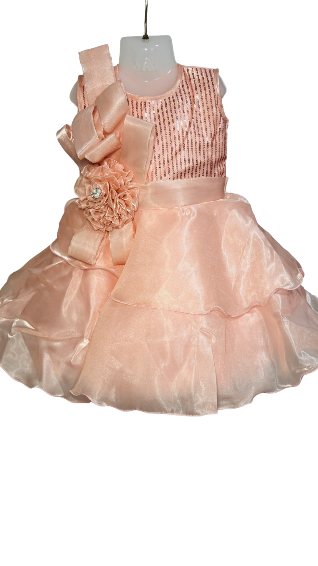 Peach Ruffled Baby Girl Party Dress with Floral & Bow Design